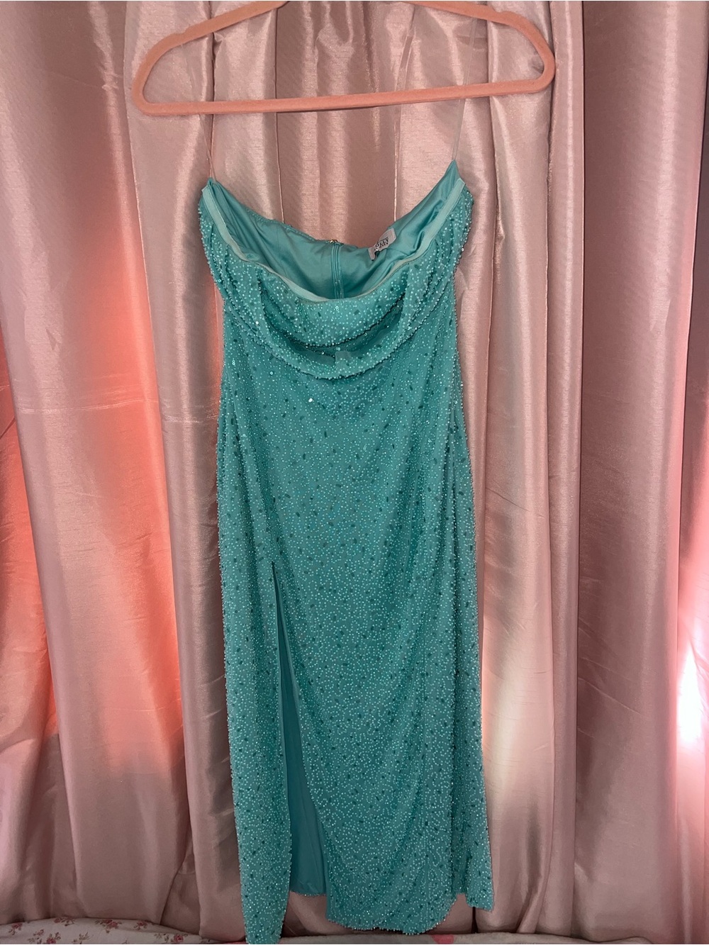 Oh Polly Turquoise Sequin Cowl Neck Girls Dress - Picture 3 of 5